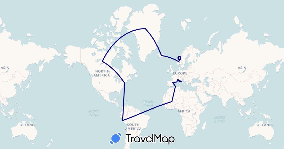 TravelMap itinerary: driving in Canada, Algeria, Spain, France, Greenland, Iceland, Italy, Mali, Norway, Peru, United States (Africa, Europe, North America, South America)